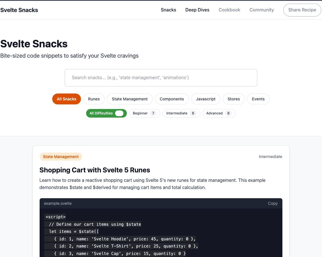 sveltesnacks.com screenshot